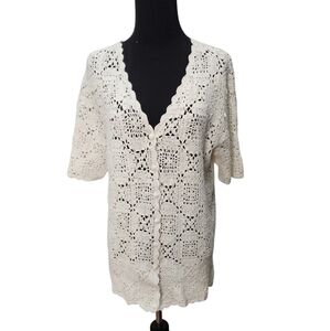 Vintage Laura Scott White Crochet Short Sleeve Button‎ Front Sweater Size Large